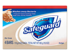 Safeguard antibacterial bath bar soap 4-pack on tiled surface for family use.