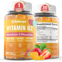 Safgumjel Vitamin B2 Gummies bottle front emphasizes strawberry flavor and vegan sugar-free option