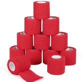 Sagafly bandage wrap red roll close-up shows self-adherent design for easy removal.
