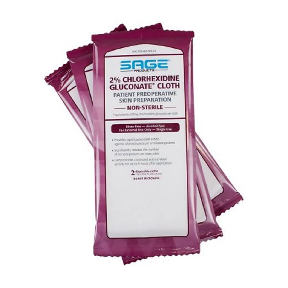 Sage CHG cloths: two per package, three-pack, for quick on-the-go cleansing.