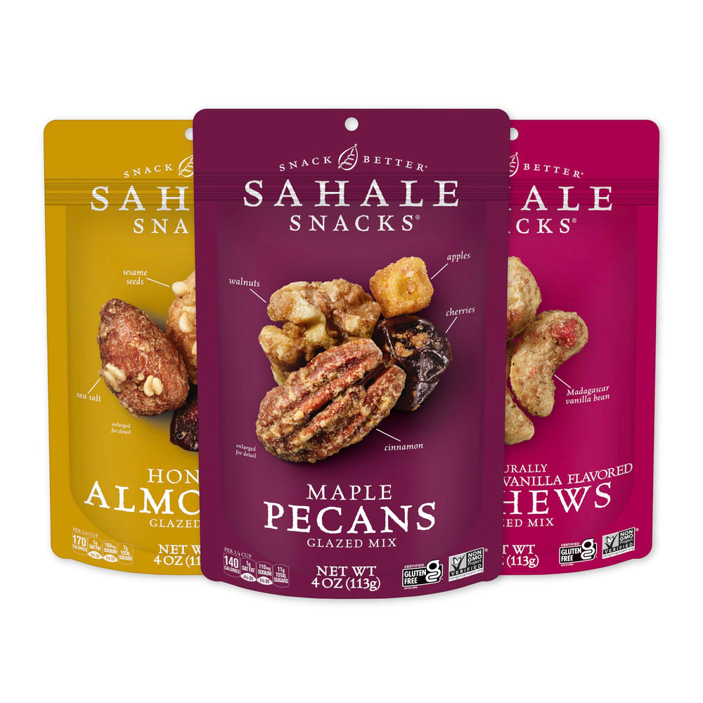 Sahale Snacks glazed maple pecans in a resealable pouch for on-the-go snacking.