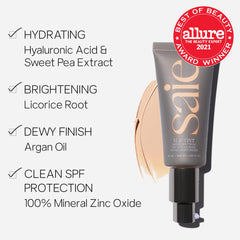 Saie Slip Tint SPF 35 hand swatch demonstrates easy blend for sheer-to-light coverage.