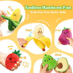 Close up of crinkle and rattle within plush fruit for auditory cues