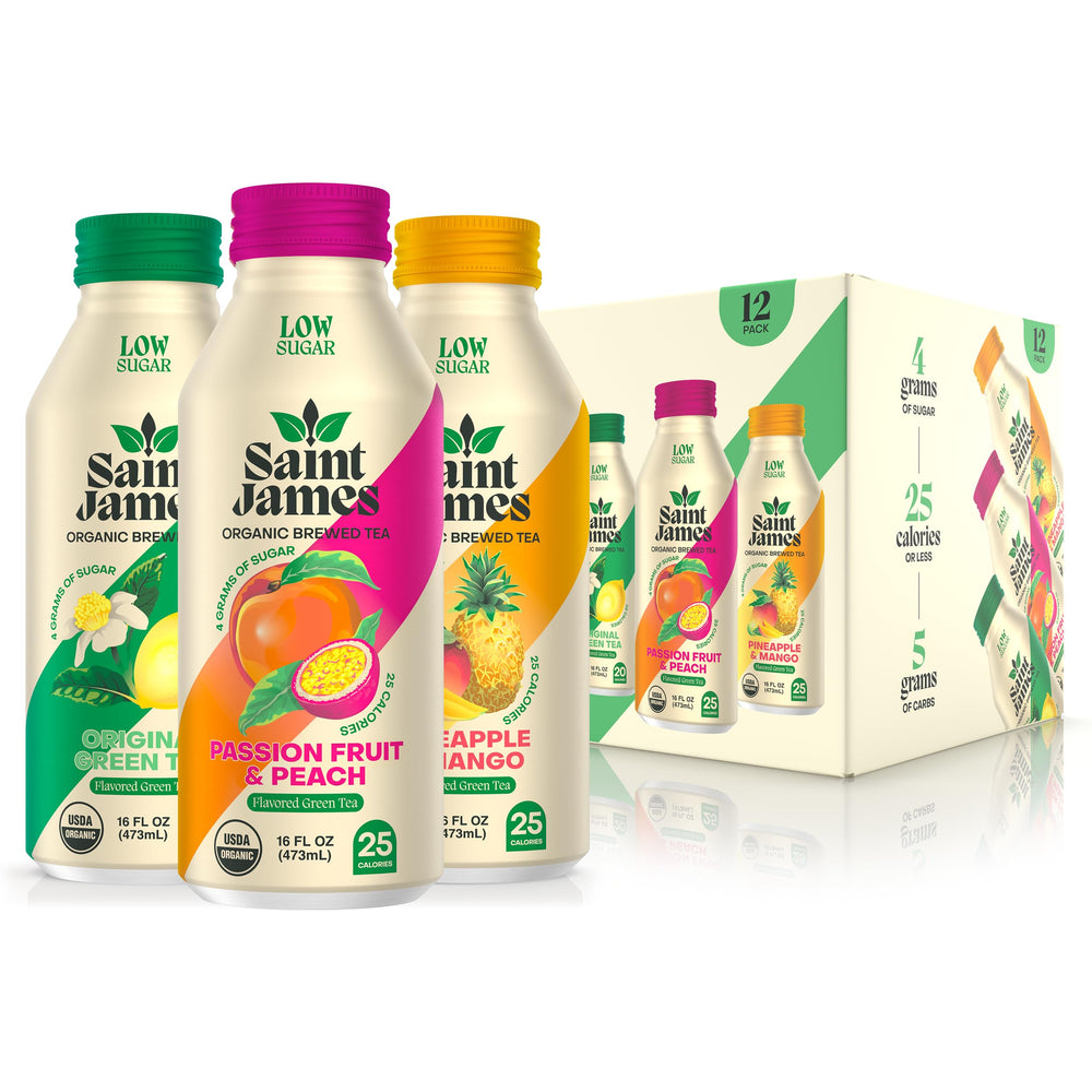 Saint James Iced Tea Passionfruit & Peach bottle, refreshing low-sugar option.