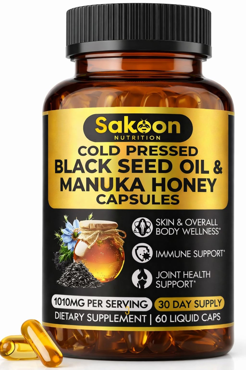 Sakoon Nutrition black seed oil capsules bottle for convenient daily immune and digestive support.