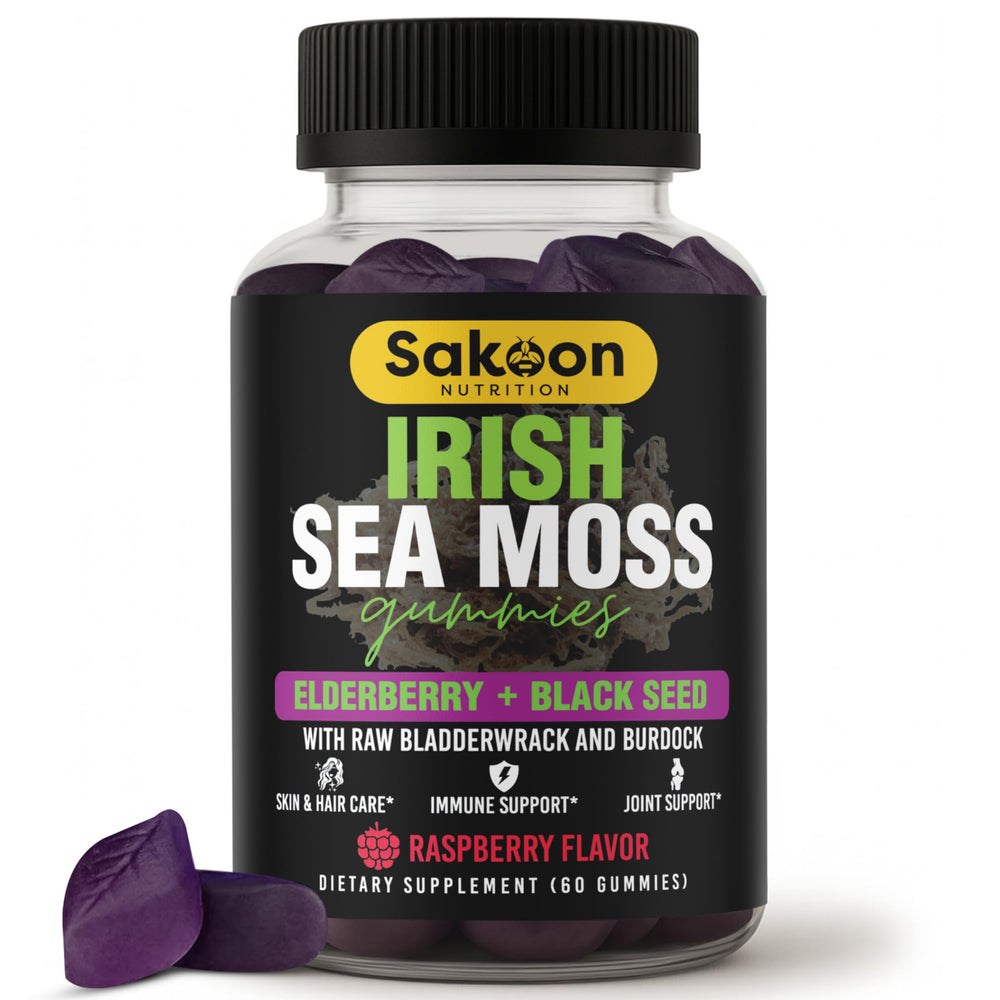 Sakoon Nutrition Irish Sea Moss Gummies bottle displayed for convenient daily wellness.