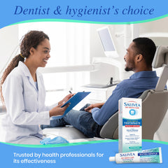 Salivea toothpaste label featuring anticavity fluoride and xylitol benefits