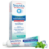 Salivea dry mouth toothpaste tube close-up showing gentle cleaning for sensitive mouths