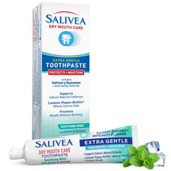 Salivea dry mouth toothpaste tube close-up showing gentle cleaning for sensitive mouths