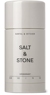 Salt & Stone aluminum-free deodorant bottle featuring Santal & Vetiver scent for daily protection.