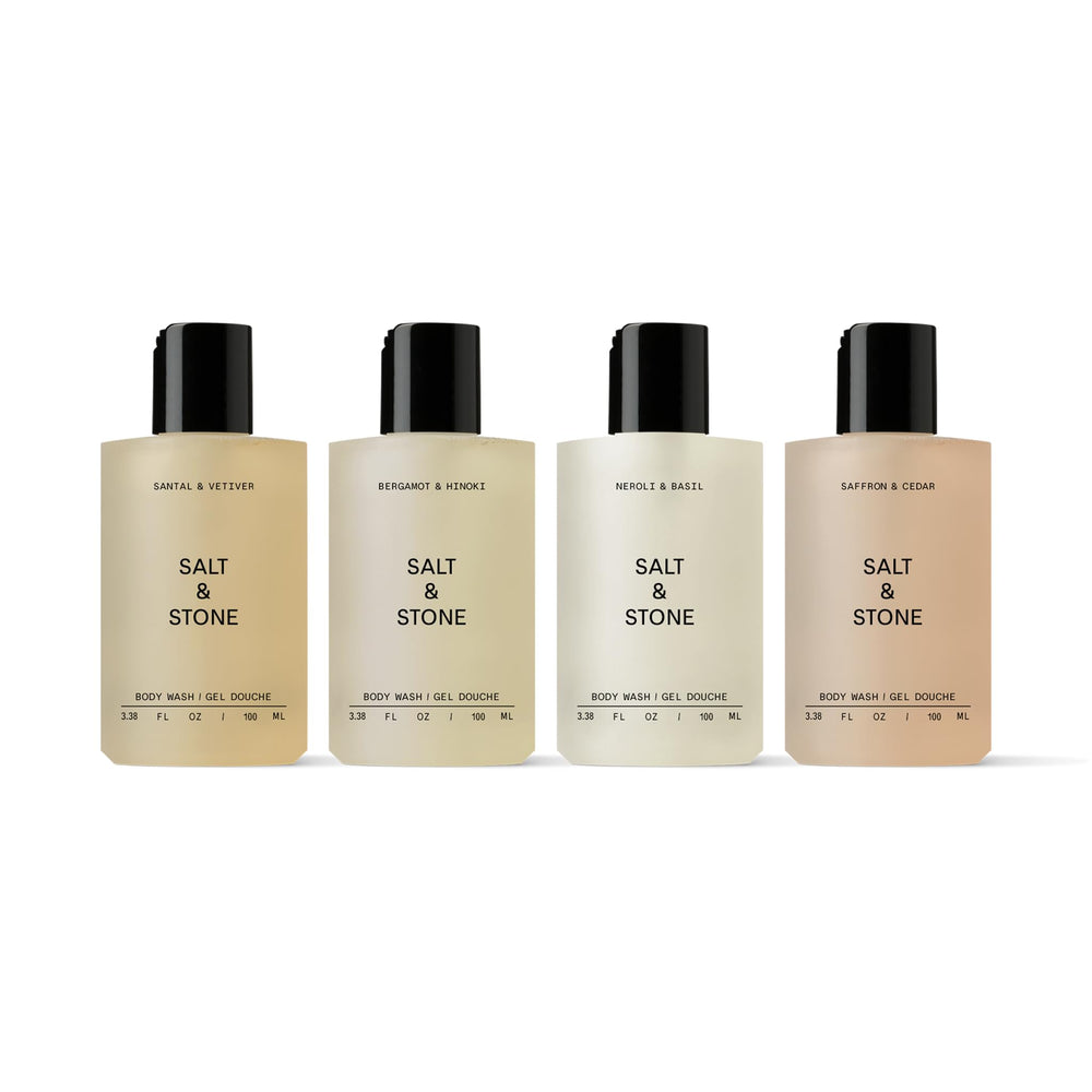 Salt & Stone Balance bottle pour showing sulfate-free cleansing for daily use