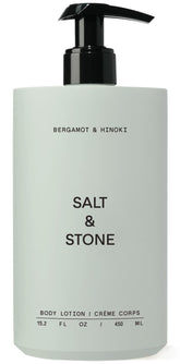 Salt & Stone bergamot hinoki body lotion bottle for fast-absorbing hydration.