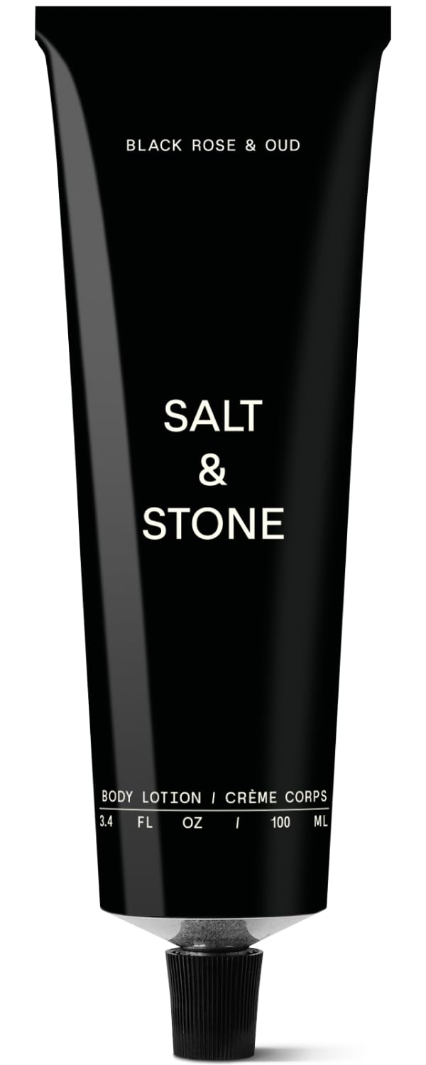 Salt & Stone Black Rose & Oud lotion bottle showing premium hydration for all skin types.