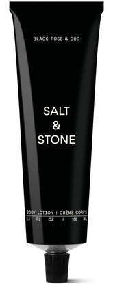 Salt & Stone Black Rose & Oud lotion bottle showing premium hydration for all skin types.