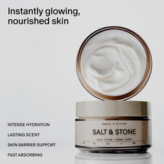 Salt & Stone Body Cream quick absorption for non-greasy hydration.