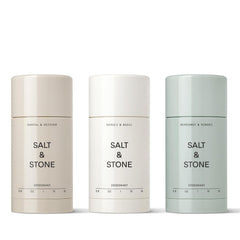 Salt & Stone deodorant trio bottle shows aluminum-free protection for daily use.