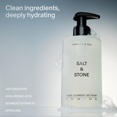 Salt & Stone facial cleanser bottle close-up showing texture for a clean feel.