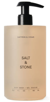 Salt & Stone body wash bottle front with saffron and cedar aroma