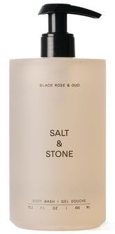 Salt & Stone Black Rose & Oud bottle front highlights deep hydration-ready scent.