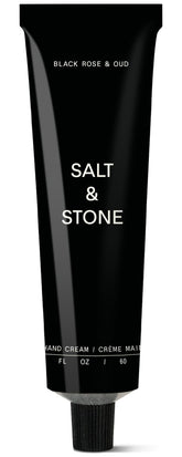 Salt & Stone hand cream bottle with Black Rose and Oud fragrance for daily care.