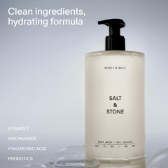 Salt & Stone Neroli Basil body wash pour shows rich lather for deep moisture.