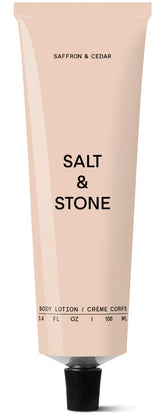 Salt & Stone saffron & cedar lotion bottle shows fast-absorbing hydration for daily use.