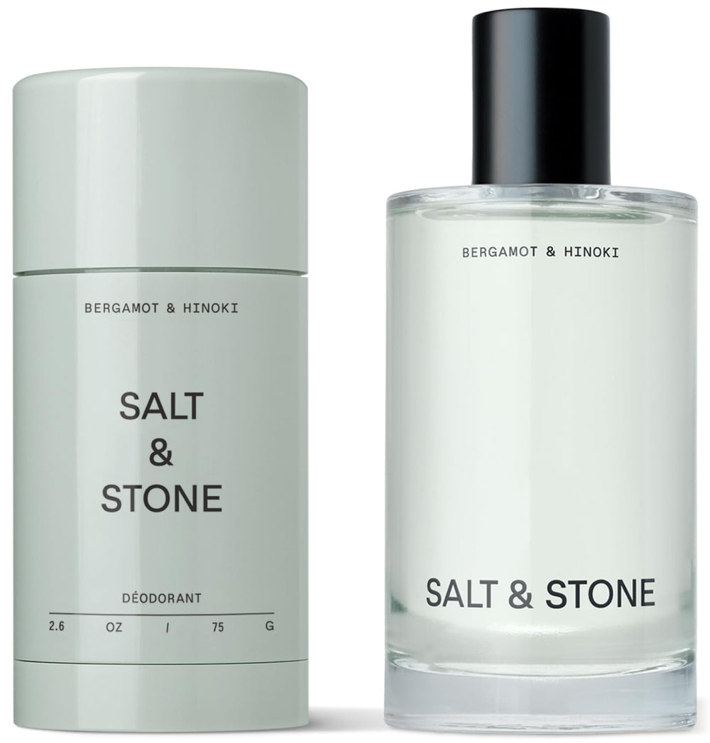 Salt and Stone Signature Scent Duo deodorant bottle with bergamot-hinoki fragrance for lasting freshness.