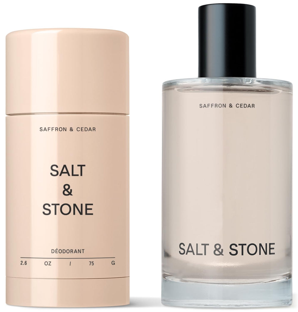 Salt & Stone deodorant bottle with Saffron & Cedar for long-lasting freshness.
