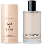 Salt & Stone deodorant bottle with Saffron & Cedar for long-lasting freshness.
