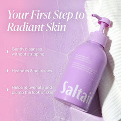 Close-up of Saltair hydrating body wash lather forming on skin.