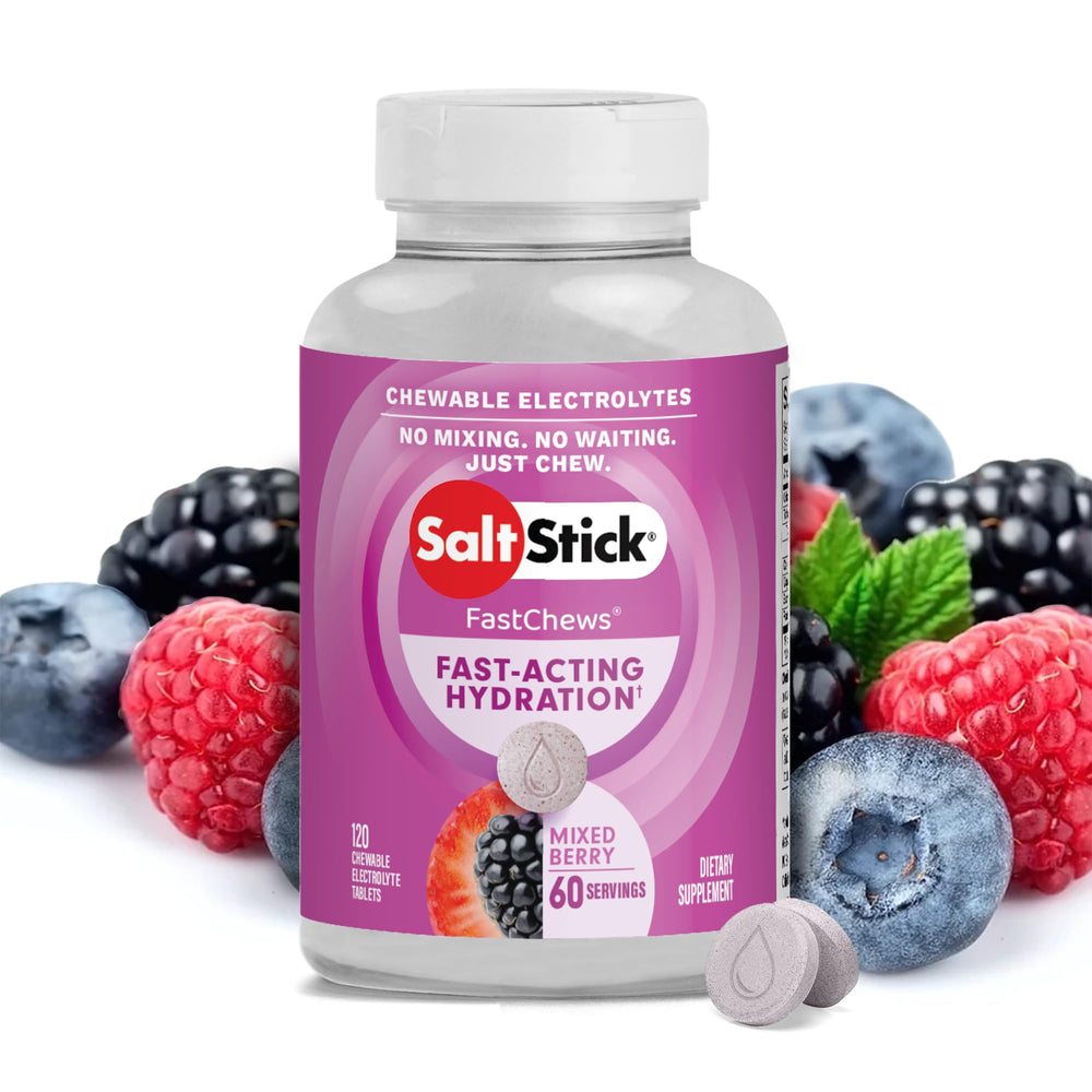 SaltStick Electrolyte FastChews bottle with mixed berry tablets for quick hydration.