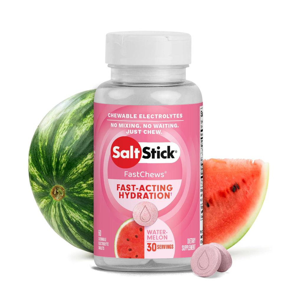 SaltStick Electrolyte FastChews watermelon pack ready for traveling athletes.