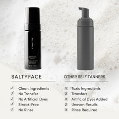 SALTYFACE tanning foam on legs during application; smooth, even coverage.