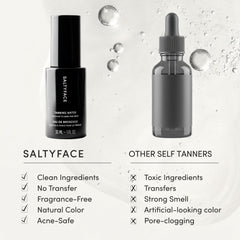 SALTYFACE tanning water uses DHA from organic beets for natural-looking tan.