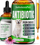 SalutemPet dog antibiotics bottle displaying chicken flavor for infections and itching relief.
