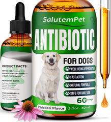 SalutemPet dog antibiotics bottle displaying chicken flavor for infections and itching relief.