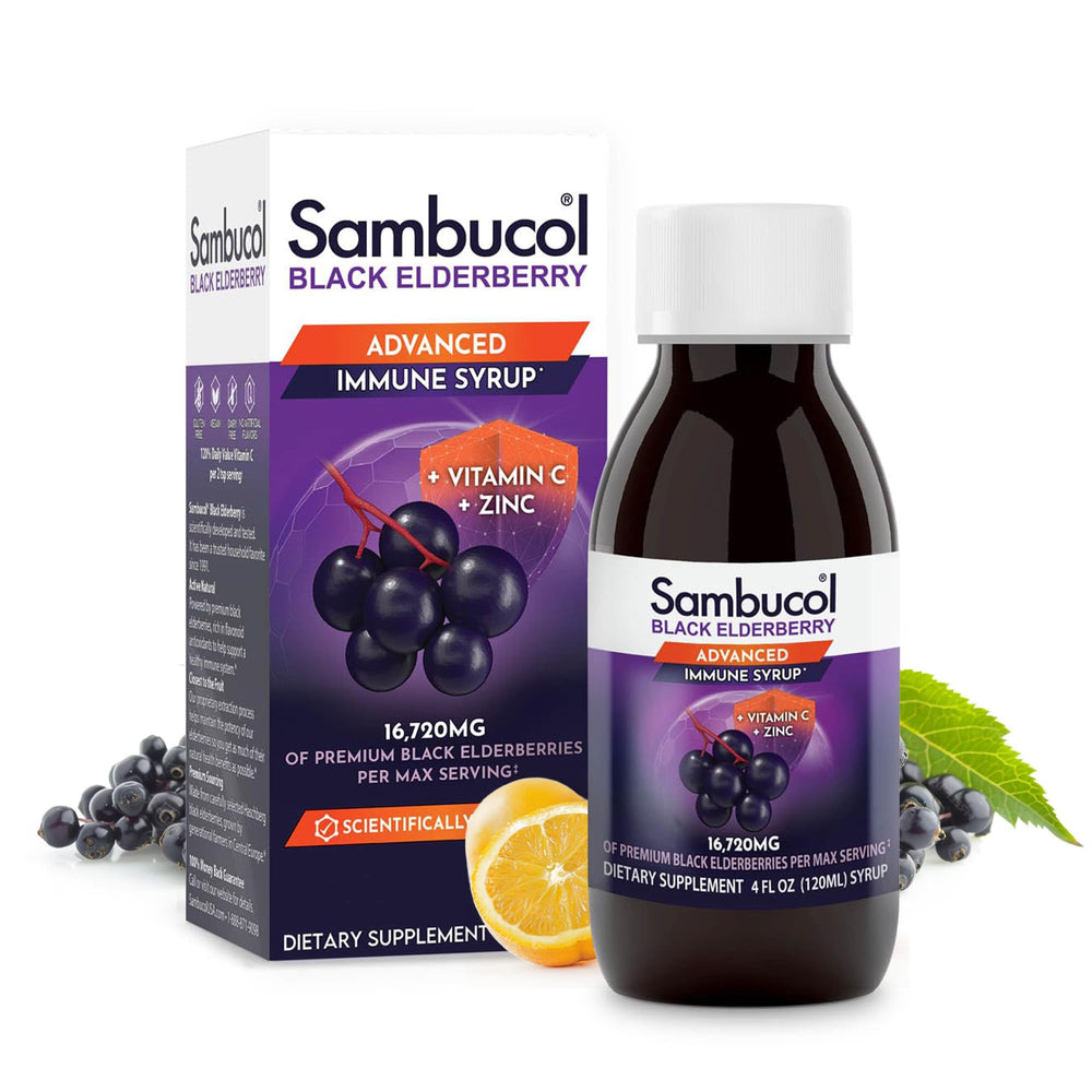 Sambucol Advanced Black Elderberry Syrup bottle highlights elderberries for immune support.