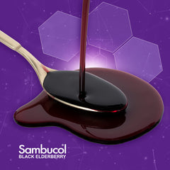 Sambucol syrup on a spoon demonstrates simple daily dosage.