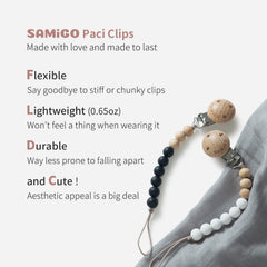 SAMiGO pacifier clip color palette for versatile styling with baby outfits.