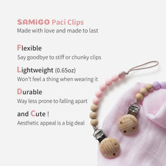 SAMiGO pacifier clip with durable clamp ideal for quick attachment during outings.
