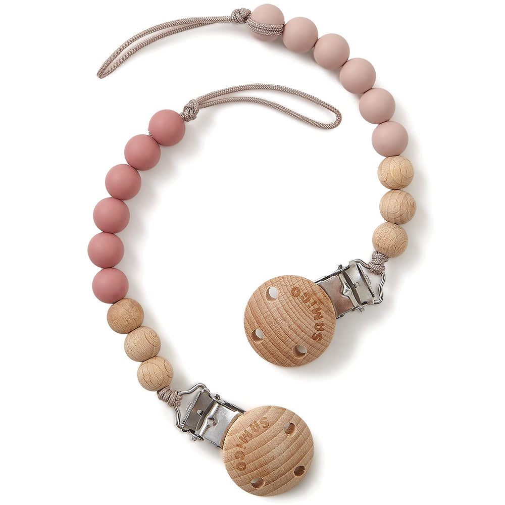 SAMiGO rose-scent-closeup pacifier clip keeps pacifiers within reach during outings.