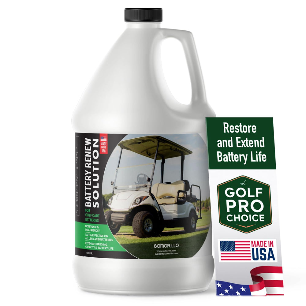 Samorillo Battery Renew Solution 64oz bottle shows premium quality for extending lead-acid life.