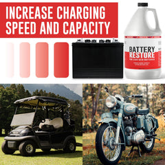 Samorillo Battery Restore bottle closeup showing non-toxic formula for lead-acid care.