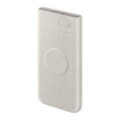 Samsung 25W 10000mAh beige battery pack charging while traveling