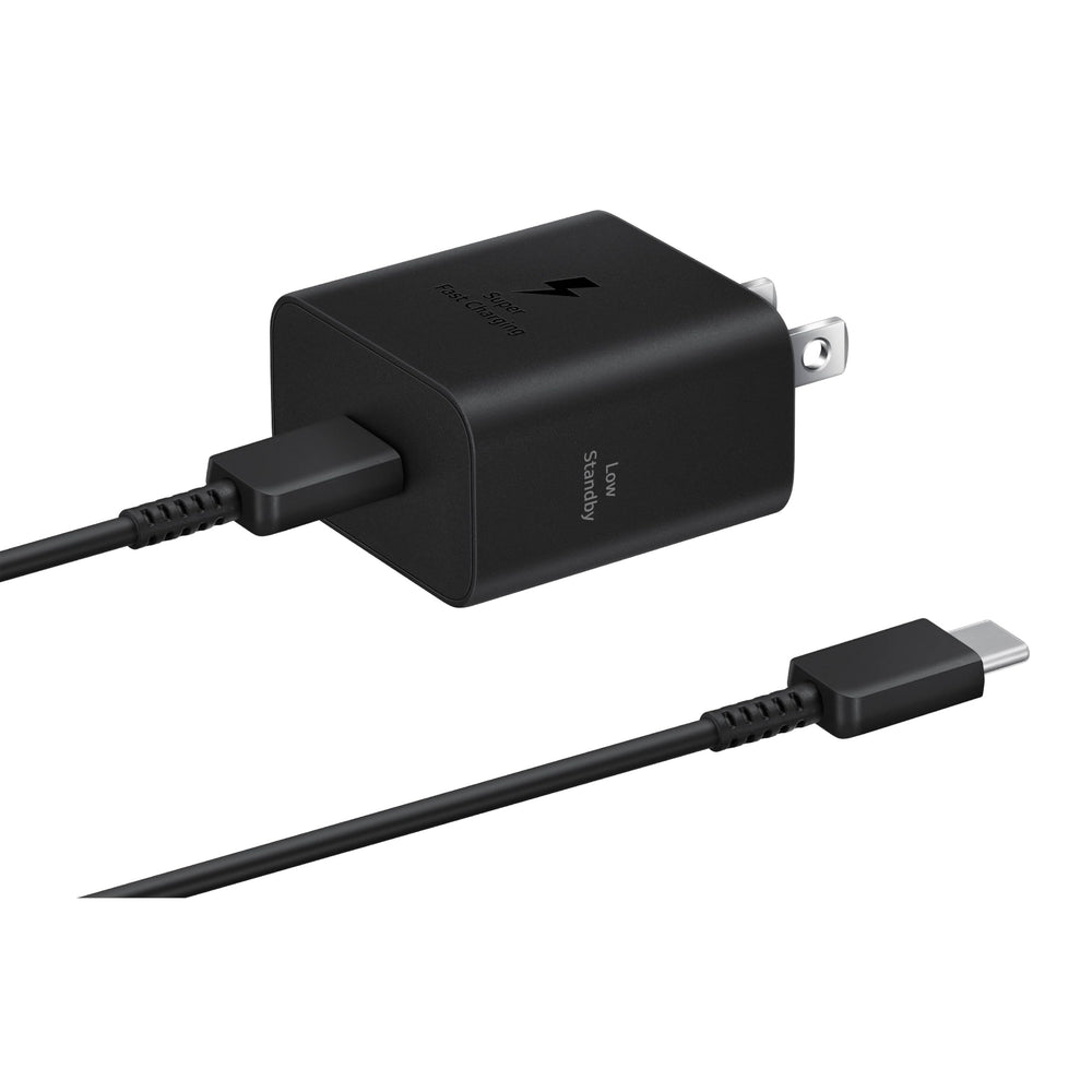 Samsung 25W power adapter front view shows compact travel-friendly design.