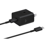 Samsung 25W power adapter front view shows compact travel-friendly design.