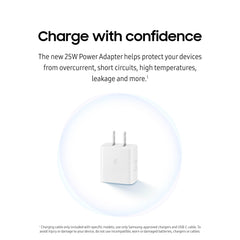 Samsung 25W power adapter in hand for on-the-go charging.