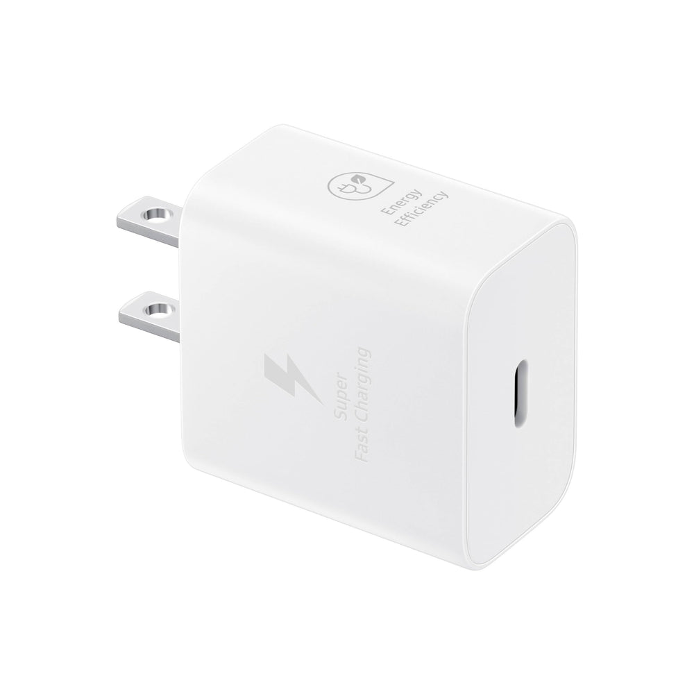 Samsung 25W wall charger front view highlights compact GaN design for travel