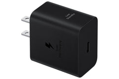 Samsung 45W charger rear ports highlighting USB-C compatibility and cable connections.