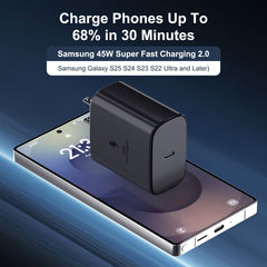 Samsung 45W USB-C charger side profile showing slim travel-friendly design.